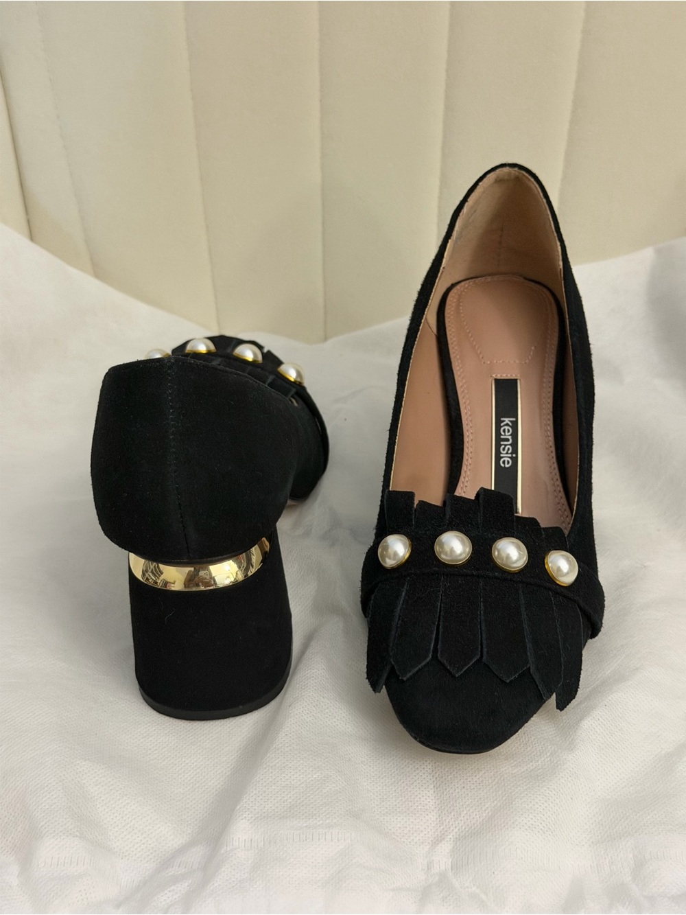 Kensie Women’s Black Pearl-Embellished Suede Loafers